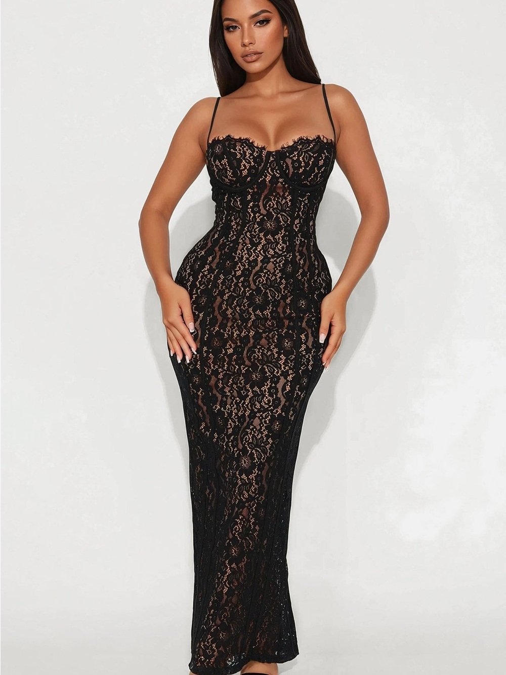 Fashion Nova Black Lace Maxi Dress with Spaghetti Straps